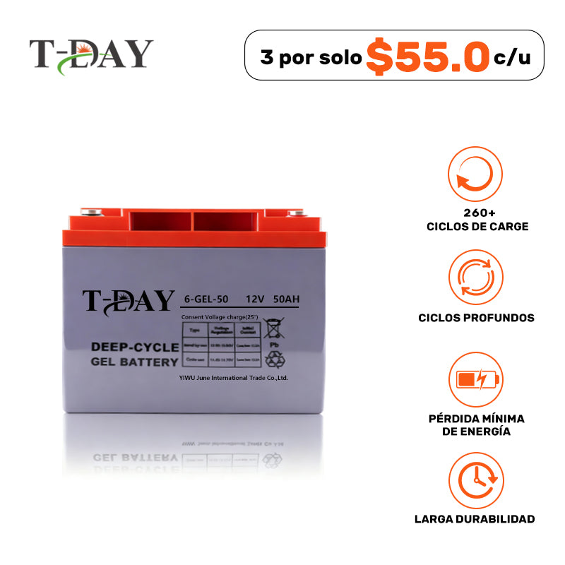 T-DAY Batería Solar de Gel de Ciclo Profundo 12V 50Ah