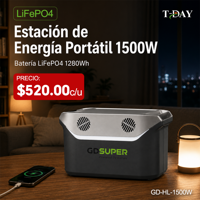 T-DAY Estación de energía portátil 1500W con batería LiFePO4, salida AC 110V, USB, Type-C, DC 24V y carga inalámbrica