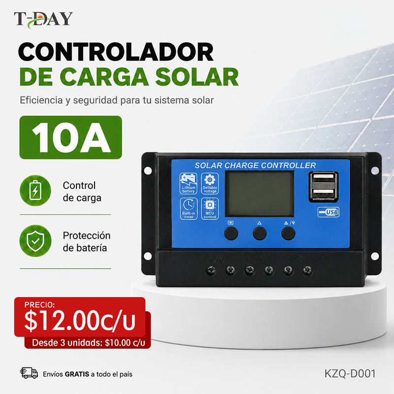 T-DAY Controlador de Carga Solar PWM 10A 12V/24V con Puerto USB