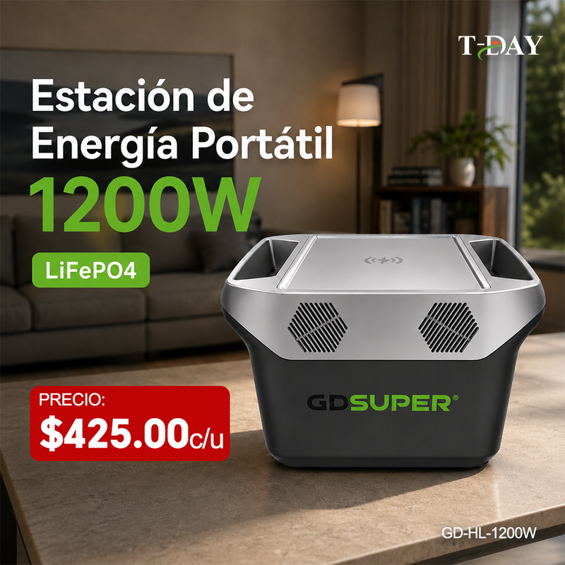 T-DAY Estación de energía portátil 1200W con batería LiFePO4, salida AC 110V, USB, Type-C, DC 24V y carga inalámbrica