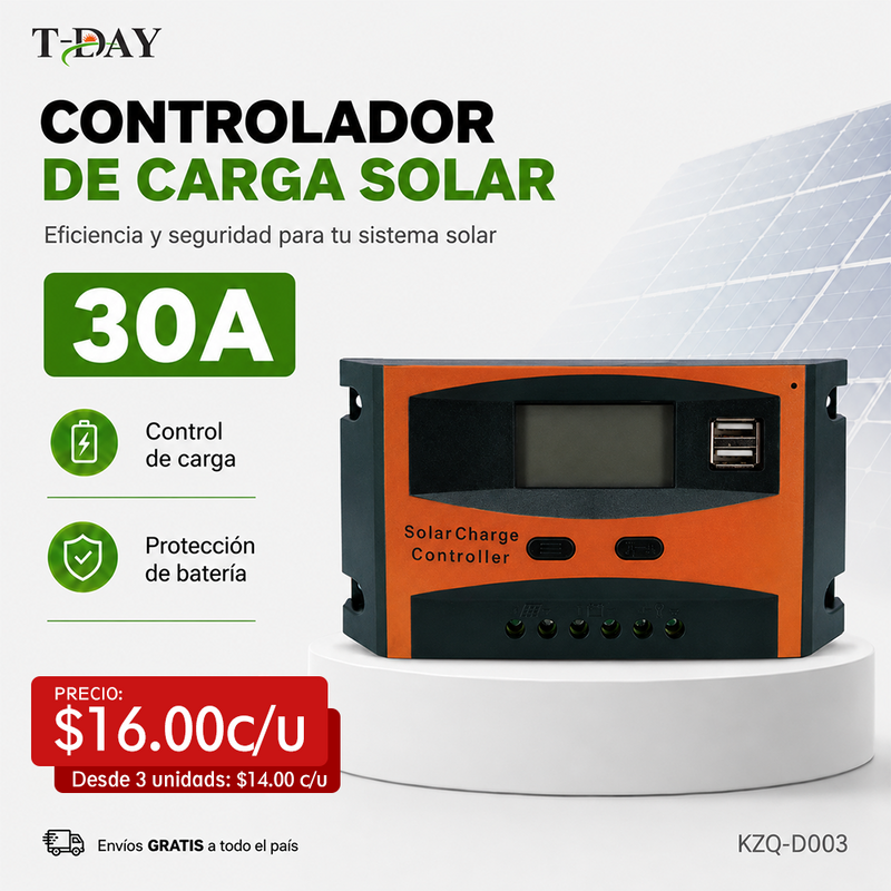 T-DAY Controlador de Carga Solar PWM 30A 12V/24V con Puerto USB