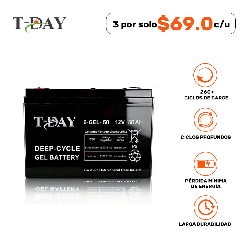T-DAY Batería Solar de Gel de Ciclo Profundo 12V 50Ah Pro