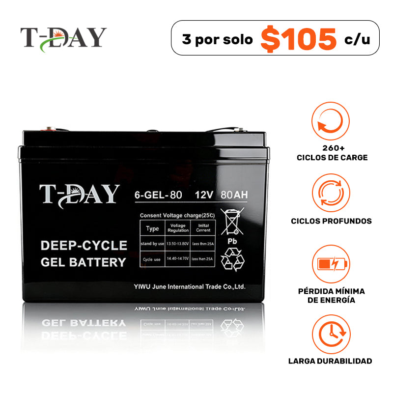 T-DAY Batería Solar de Gel de Ciclo Profundo 12V 80Ah Pro
