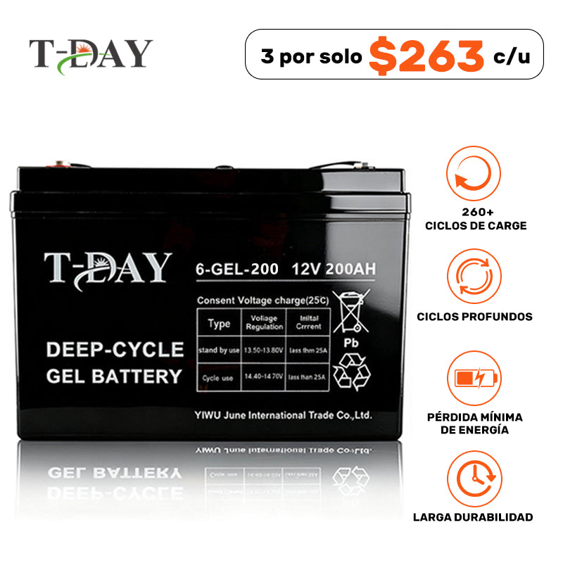 T-DAY Batería Solar de Gel de Ciclo Profundo 12V 200Ah Pro