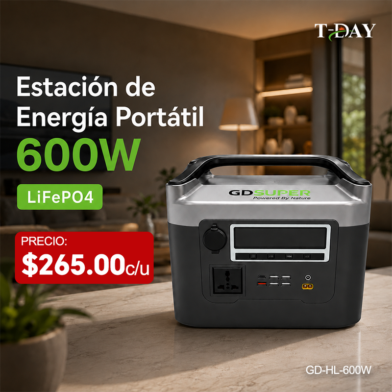T-DAY Estación de energía portátil 600W con batería LiFePO4, salida AC 110V, USB, Type-C, DC y carga inalámbrica