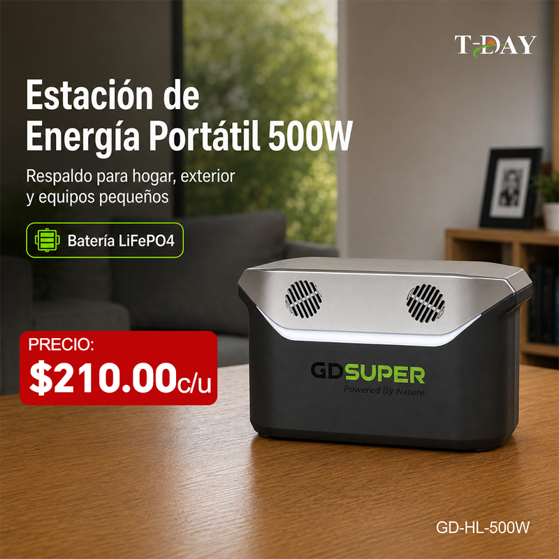 T-DAY Estación de energía portátil 500W con batería LiFePO4, salida AC 110V, USB, Type-C, DC y carga inalámbrica