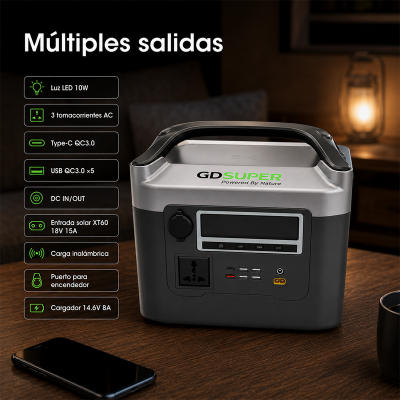 T-DAY Estación de energía portátil 600W con batería LiFePO4, salida AC 110V, USB, Type-C, DC y carga inalámbrica