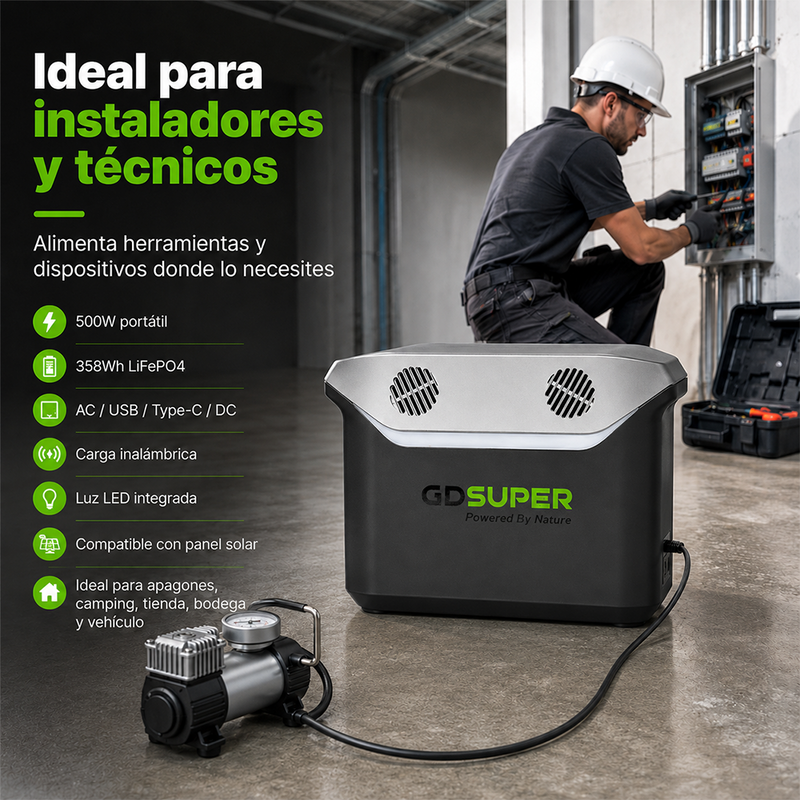 T-DAY Estación de energía portátil 500W con batería LiFePO4, salida AC 110V, USB, Type-C, DC y carga inalámbrica