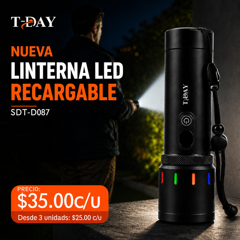 T-DAY Linterna LED de 30W Alta Potencia con Batería de Litio - 9 Modos de Luz