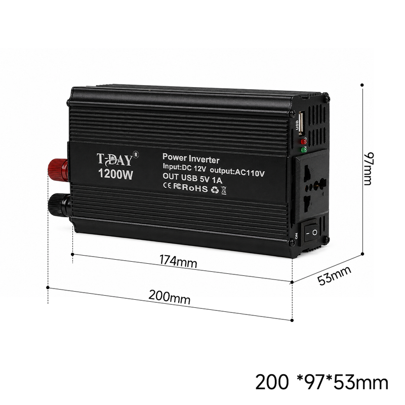 T-DAY Inversor de Corriente 1200W 12V/24V a 110V con Doble USB