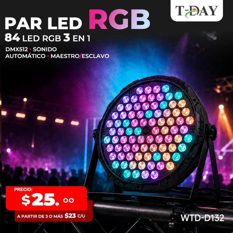 Lámpara PAR LED RGB 84 Luces DMX512 con Control por Sonido