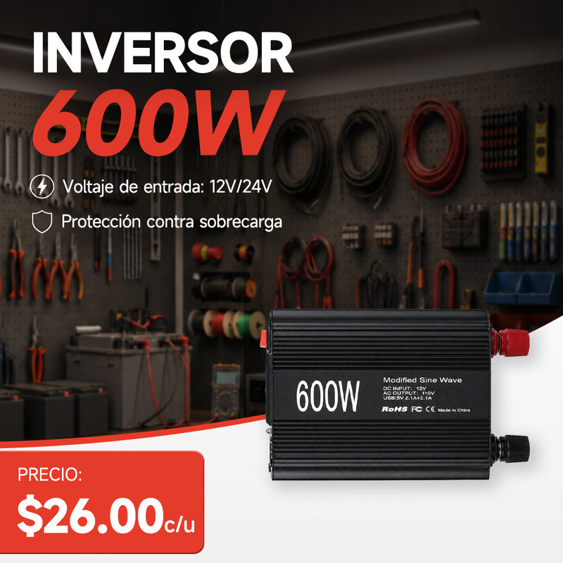 T-DAY Inversor de Corriente 600W 12V/24V a 110V con Doble USB