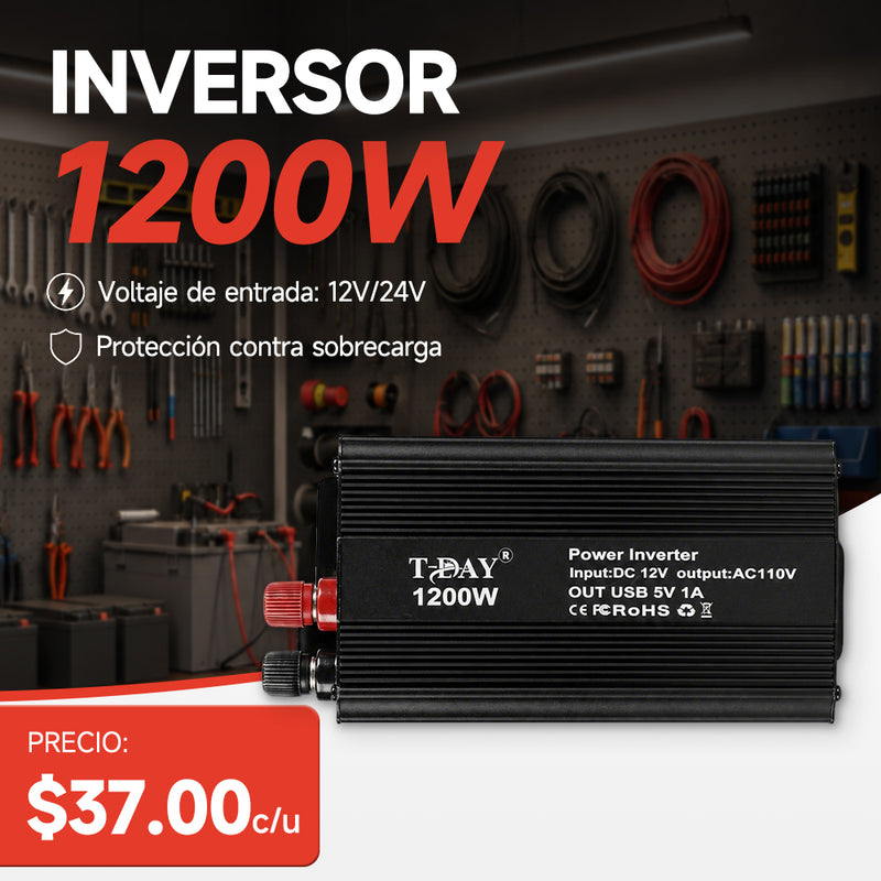 T-DAY Inversor de Corriente 1200W 12V/24V a 110V con Doble USB