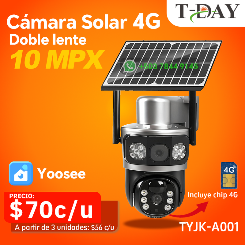 T-DAY 4G Cámara Solar Con doble lente (10Mpx HD)				 				 				 				 				 				 				 			T-DAY 4G Cámara de Seguridad Solar Con doble lente (10Mpx HD)