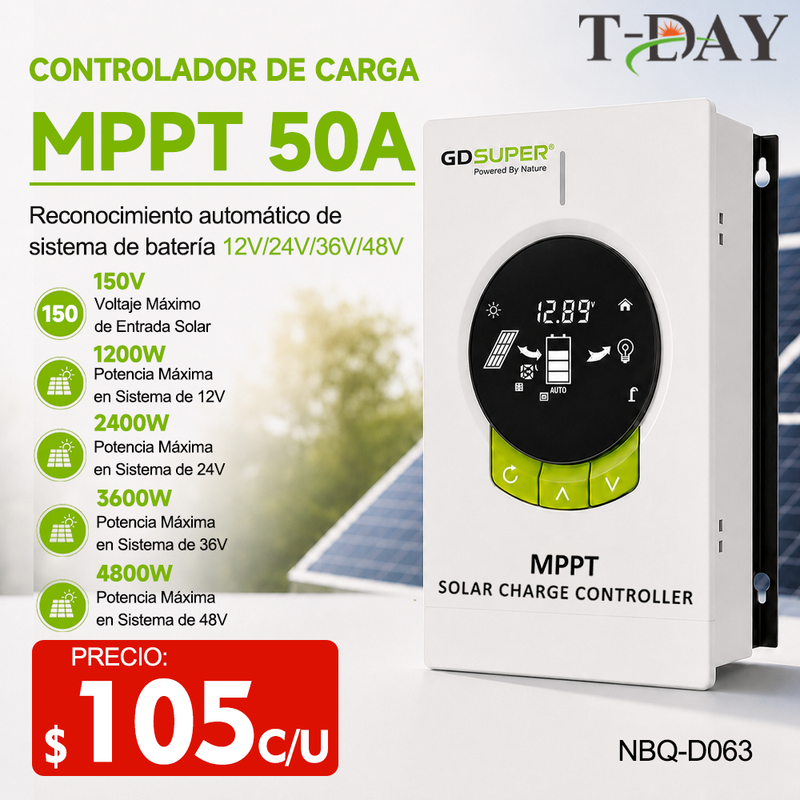 T-DAY Controlador Solar MPPT 50A (12V/24V/36V/48V)
