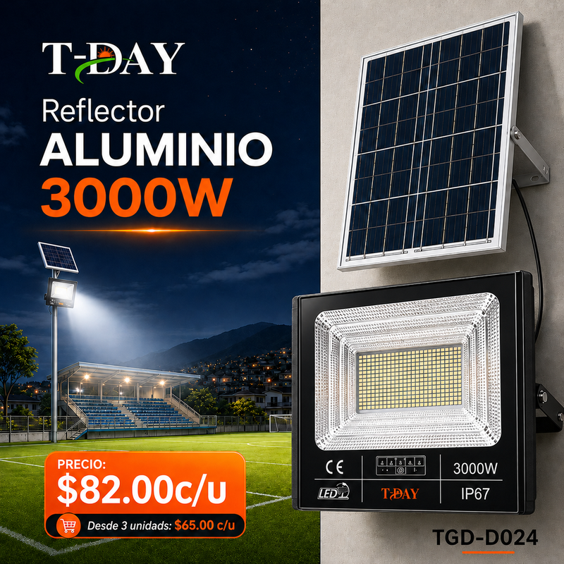T-DAY Reflector Solar de aluminio die-cast de 3000W con tres modos de luz