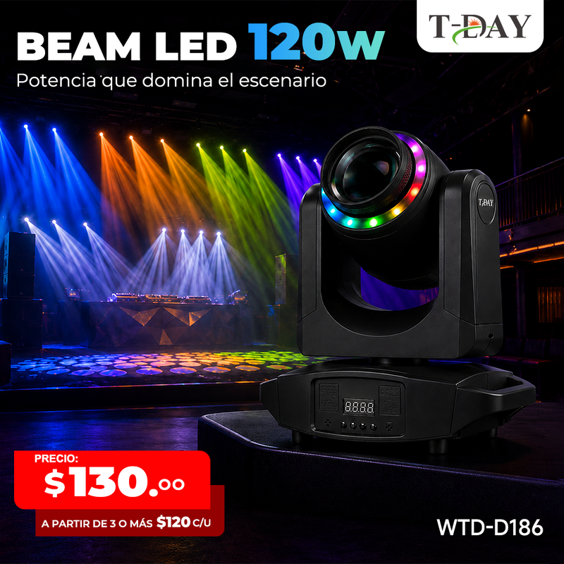 T-DAY Cabeza Móvil Beam LED 150W con Aro de Luz, Prisma de 18 Caras y DMX512