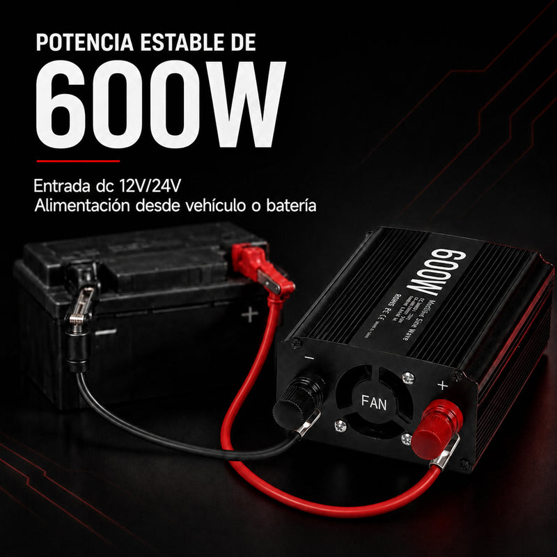T-DAY Inversor de Corriente 600W 12V/24V a 110V con Doble USB