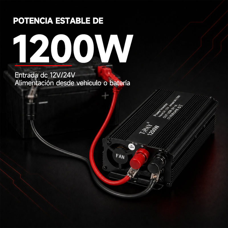T-DAY Inversor de Corriente 1200W 12V/24V a 110V con Doble USB