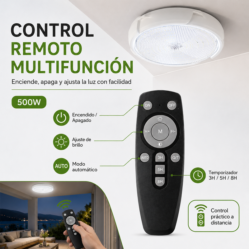 T-DAY Lámpara Solar de Techo Redonda 500W con Control Remoto