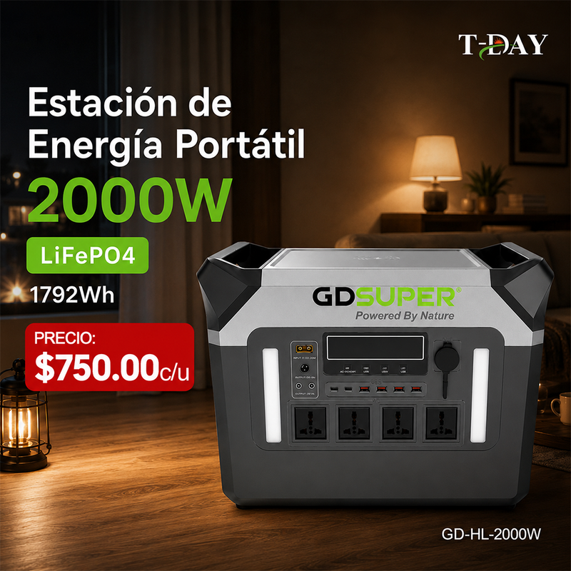 T-DAY Estación de energía portátil 2000W con batería LiFePO4, salida AC 110V, USB, Type-C, DC 24V y carga inalámbrica