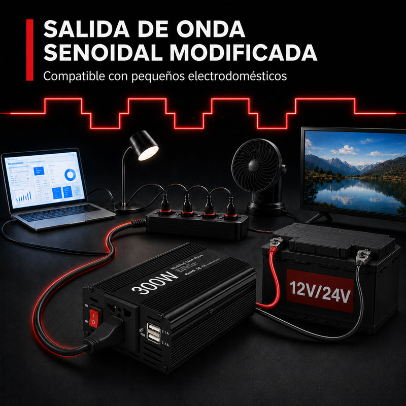 T-DAY Inversor de Corriente 300W 12V/24V a 110V con Doble USB