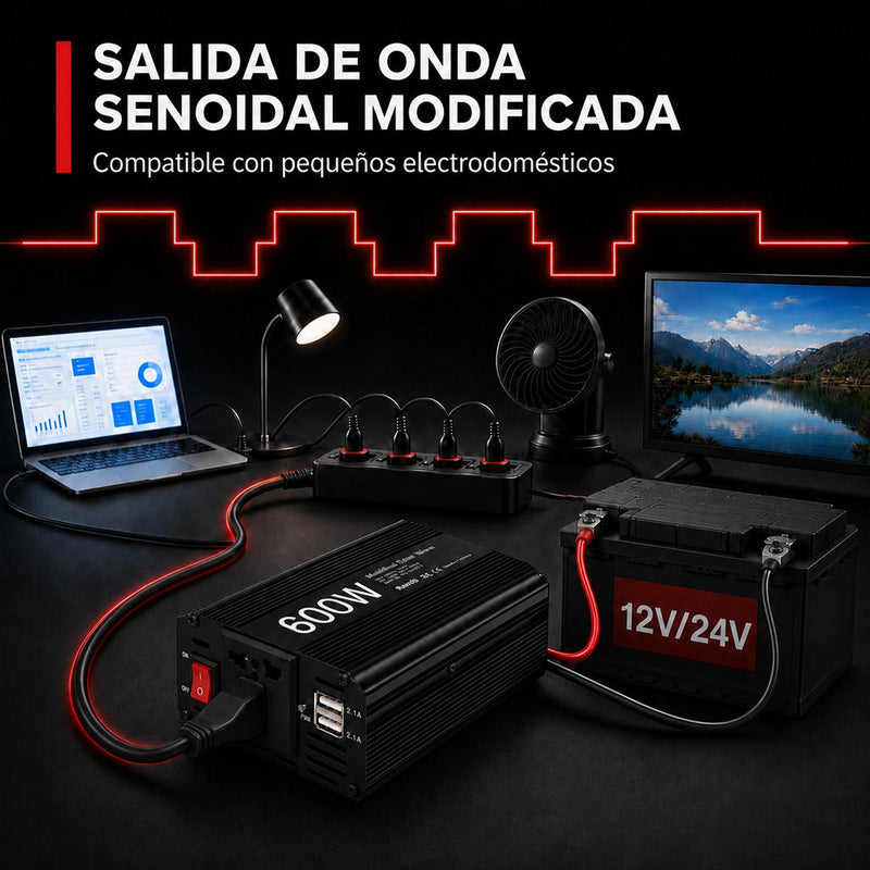 T-DAY Inversor de Corriente 600W 12V/24V a 110V con Doble USB