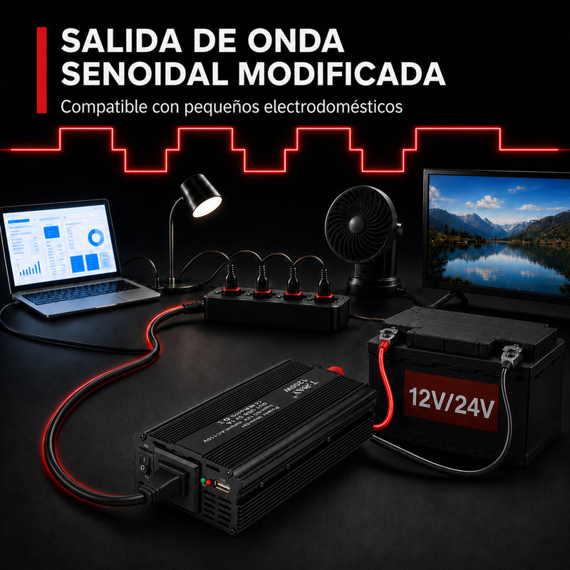 T-DAY Inversor de Corriente 1200W 12V/24V a 110V con Doble USB