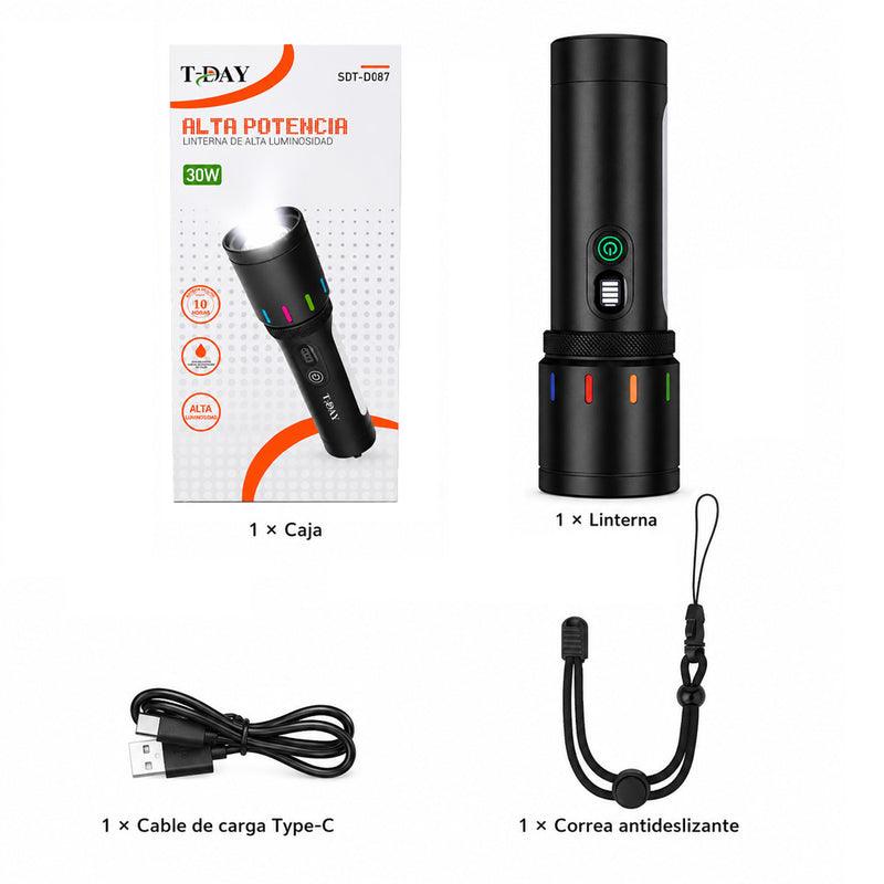 T-DAY Linterna LED de 30W Alta Potencia con Batería de Litio - 9 Modos de Luz