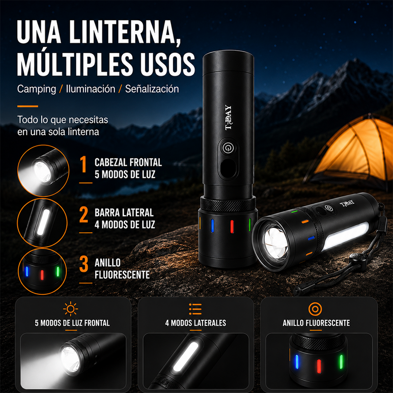 T-DAY Linterna LED de 30W Alta Potencia con Batería de Litio - 9 Modos de Luz