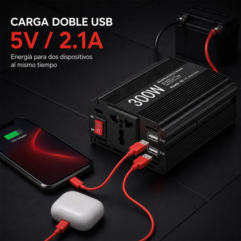 T-DAY Inversor de Corriente 300W 12V/24V a 110V con Doble USB