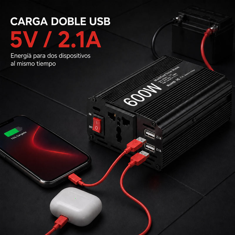 T-DAY Inversor de Corriente 600W 12V/24V a 110V con Doble USB