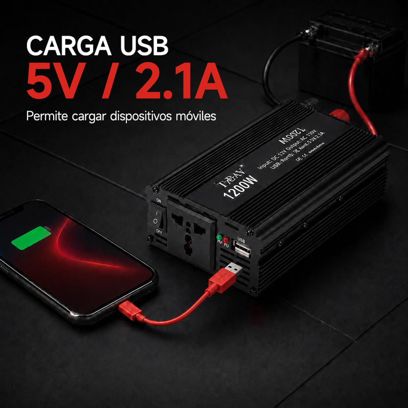 T-DAY Inversor de Corriente 1200W 12V/24V a 110V con Doble USB