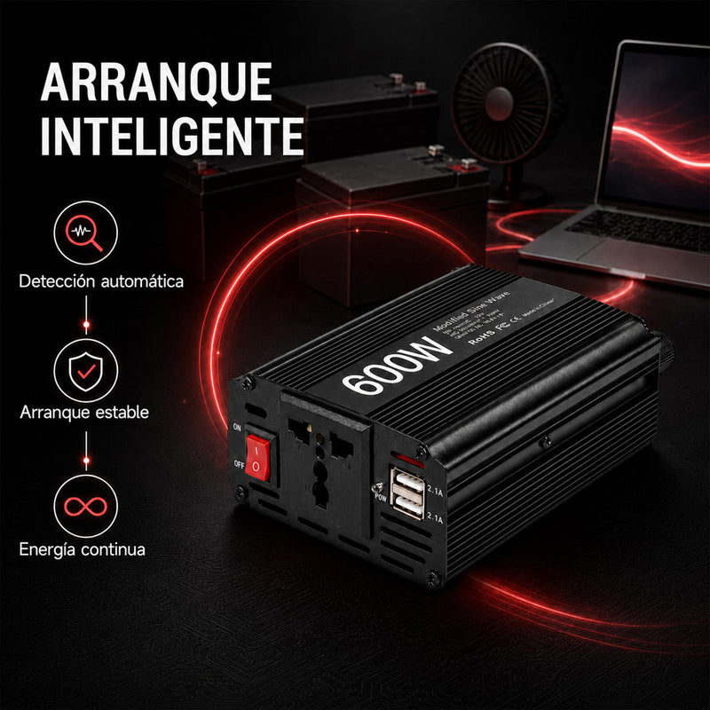 T-DAY Inversor de Corriente 600W 12V/24V a 110V con Doble USB