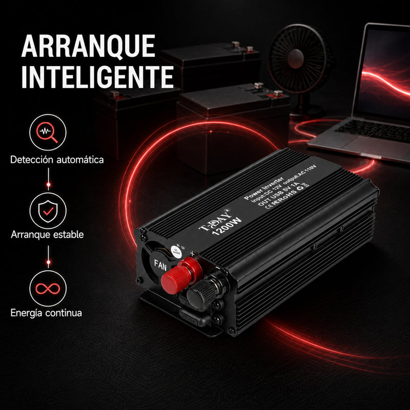 T-DAY Inversor de Corriente 1200W 12V/24V a 110V con Doble USB