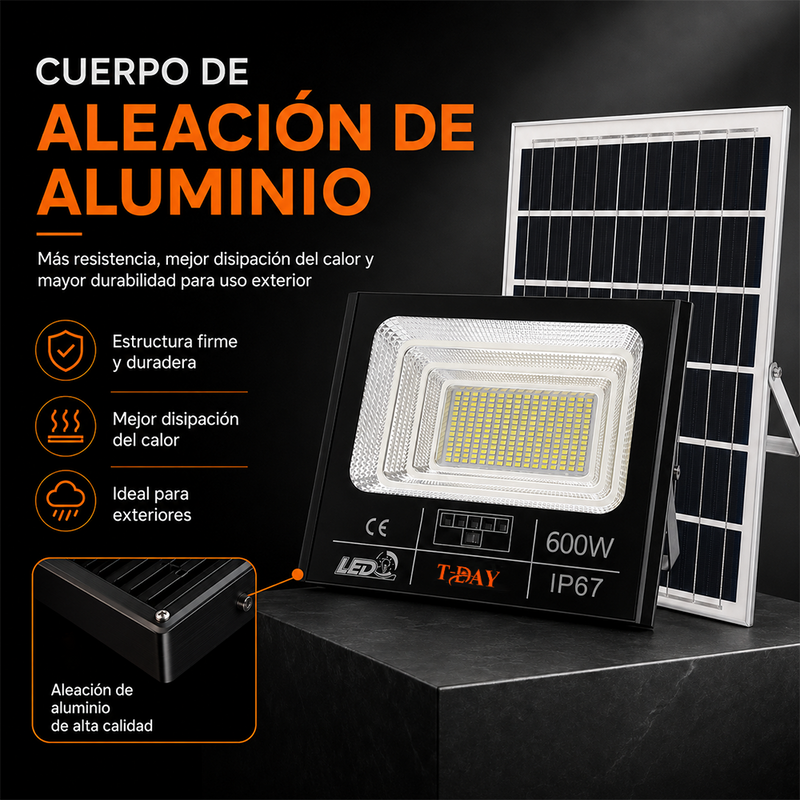 T-DAY Reflector Solar de aluminio die-cast de 600W con tres modos de luz