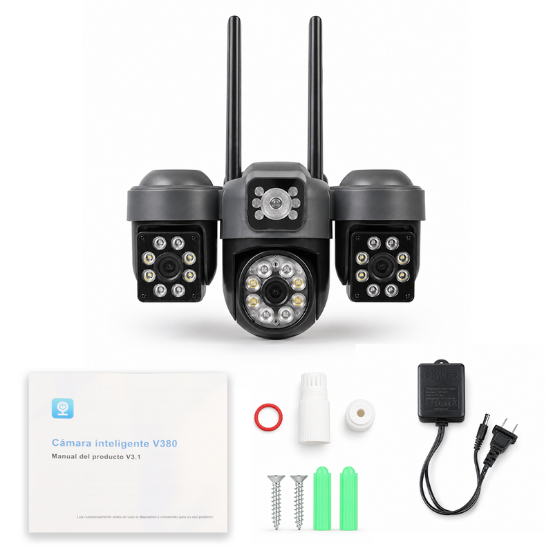 T-DAY Cámara WiFi 12MPX Triple Lente V380 – Monitoreo Exterior 270°