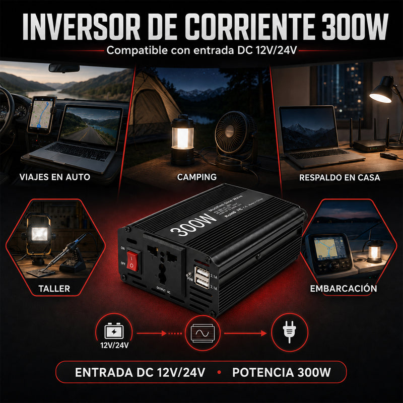 T-DAY Inversor de Corriente 300W 12V/24V a 110V con Doble USB