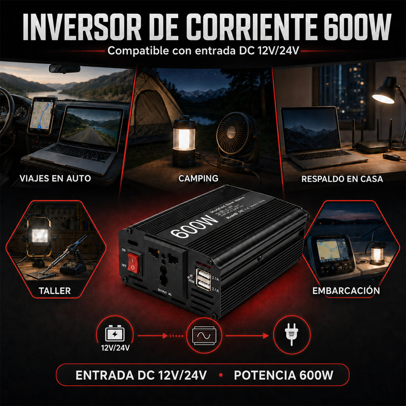 T-DAY Inversor de Corriente 600W 12V/24V a 110V con Doble USB