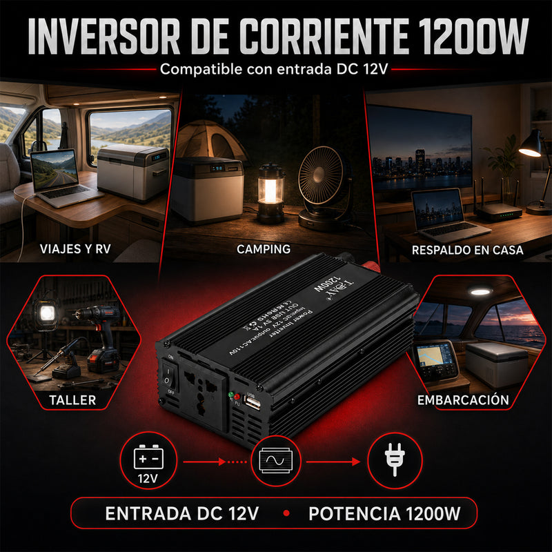 T-DAY Inversor de Corriente 1200W 12V/24V a 110V con Doble USB