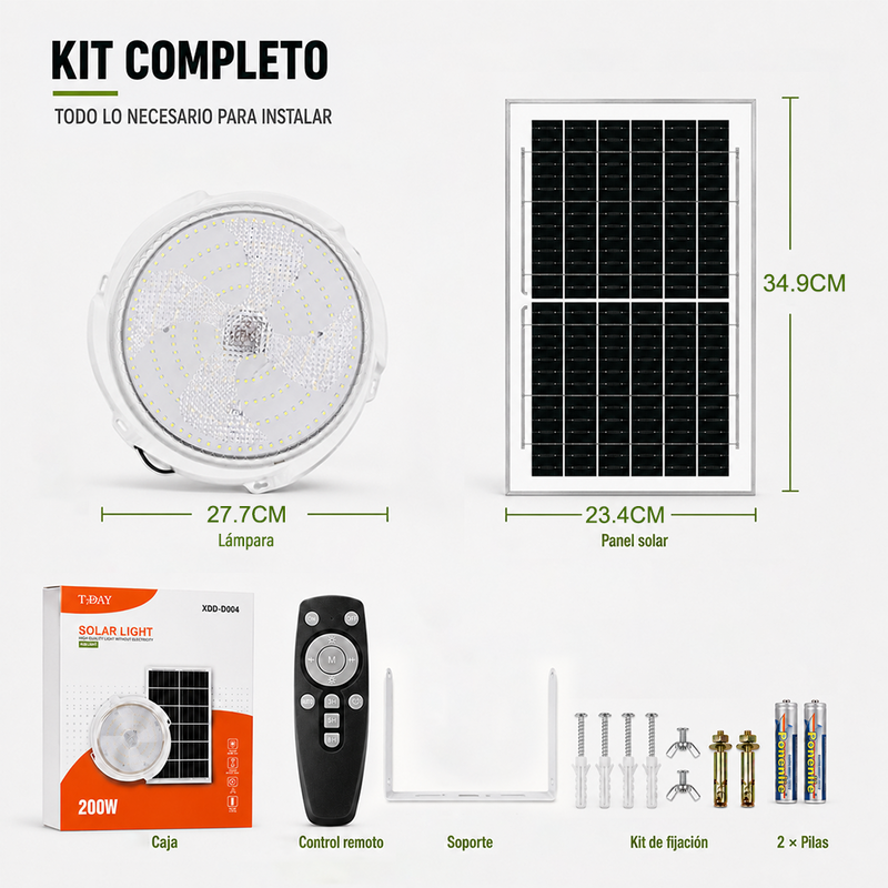 T-DAY Lámpara Solar de Techo Redonda 200W con Control Remoto