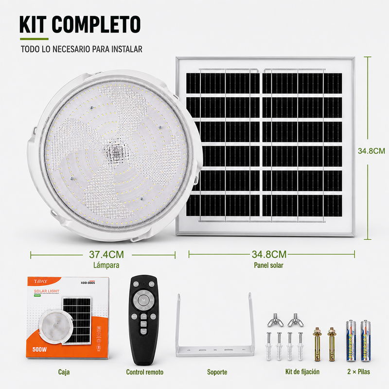 T-DAY Lámpara Solar de Techo Redonda 500W con Control Remoto