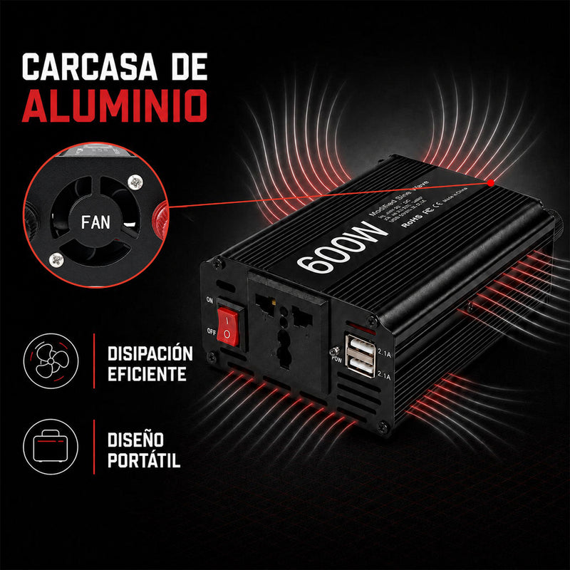 T-DAY Inversor de Corriente 600W 12V/24V a 110V con Doble USB