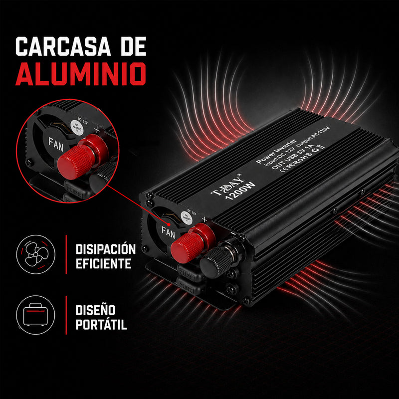 T-DAY Inversor de Corriente 1200W 12V/24V a 110V con Doble USB