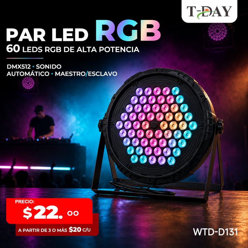 Lámpara PAR LED RGB 60 Luces DMX512 con Control por Sonido