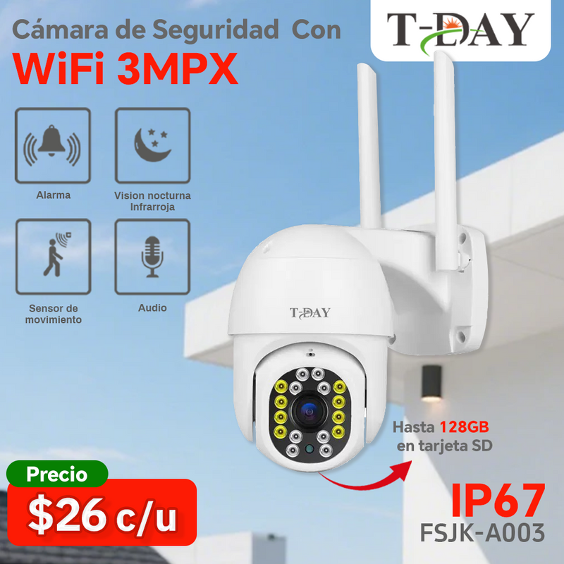 T-DAY Cámara WIFI Exterior 3MP IP67 con Seguimiento Inteligente