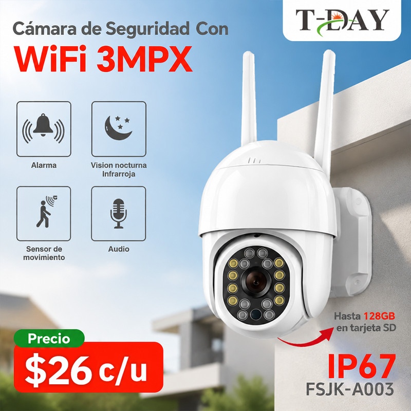 T-DAY Cámara WIFI Exterior 3MP IP67 con Seguimiento Inteligente