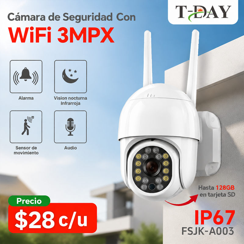 T-DAY Cámara WIFI Exterior 3MP IP67 con Seguimiento Inteligente