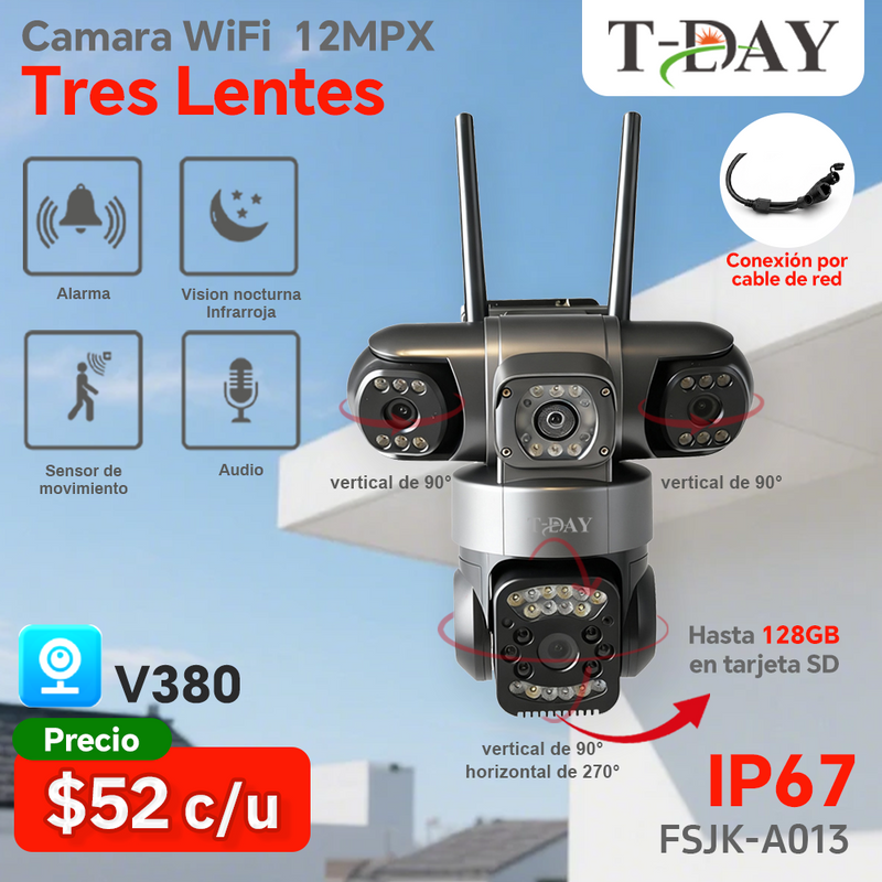 T-DAY Cámara WiFi 12MPX Triple Lente V380 Pro – Seguridad Exterior IP67