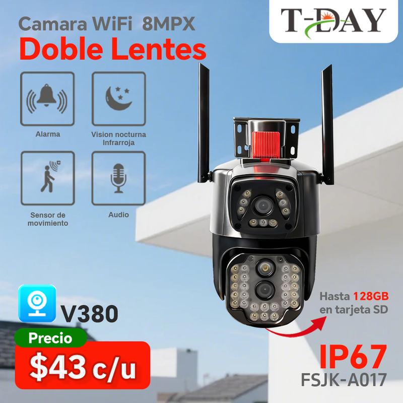 T-DAY WIFI Cámara de seguridad Con doble lente (8Mpx HD)